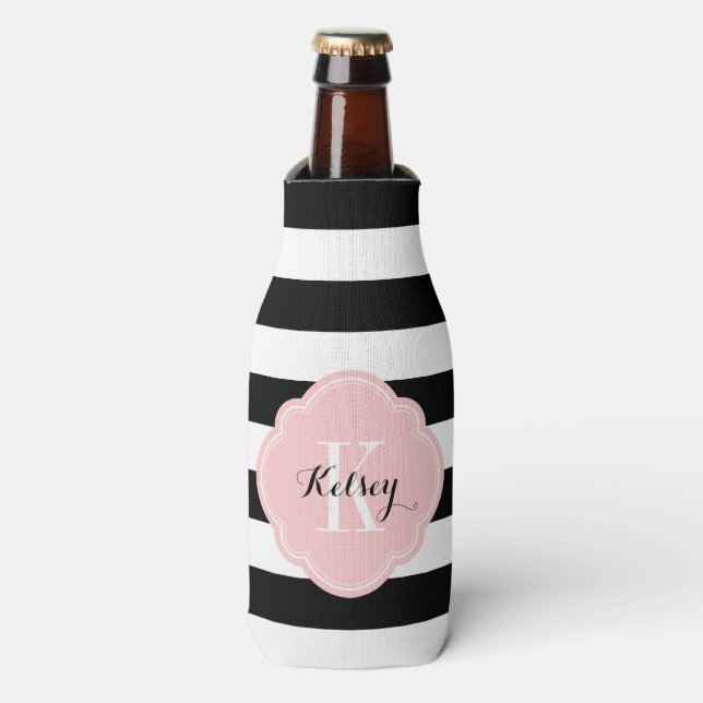 Black and Pink Preppy Stripes Monogram Bottle Cooler (Bottle Front)