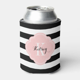 Black and Pink Preppy Stripes Monogram Can Cooler