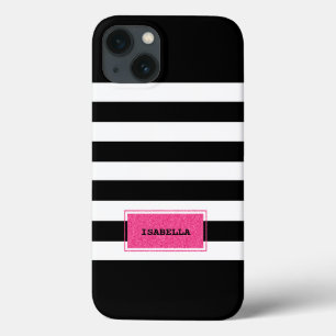 Black and Pink Preppy Stripes Monogram iPhone 13 Case