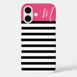 Black and Pink Preppy Stripes Monogram iPhone 16 Case