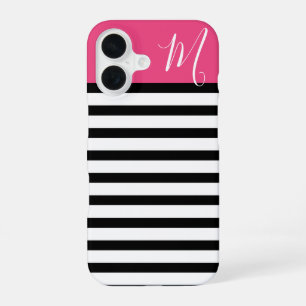 Black and Pink Preppy Stripes Monogram iPhone 16 Case