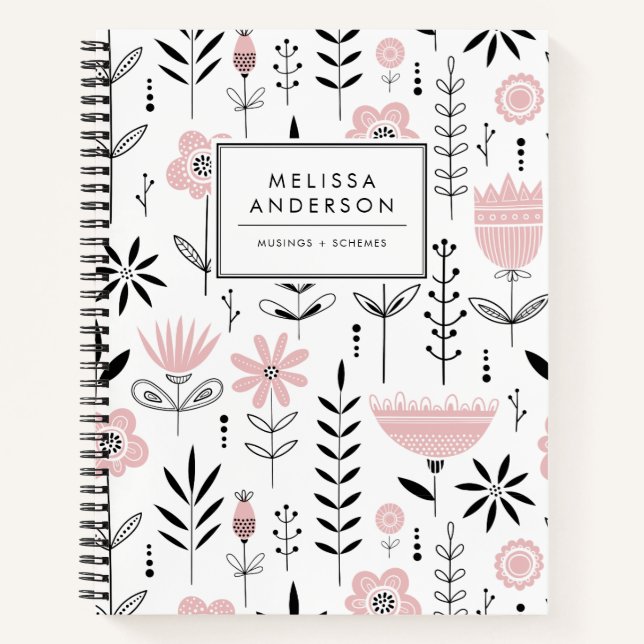 Black and Pink Scandinavian Floral Pattern Notebook (Front)