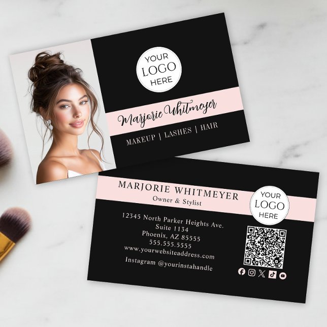 Black and Pink Script Logo QR Code Photo Makeup Business Card (ultra modern black blush pink script photo makeup business card with logo qr code social icons)