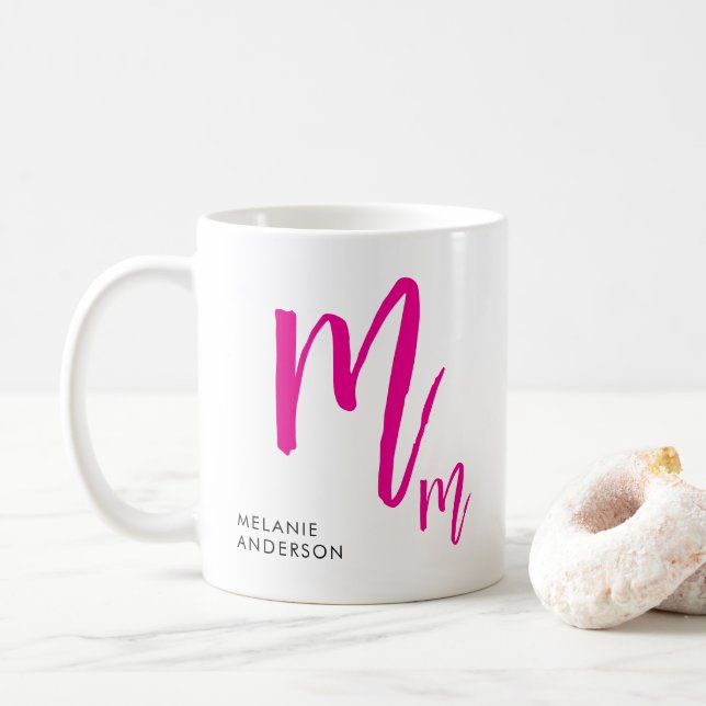 Black and Pink Script Monogram Coffee Mug (With Donut)