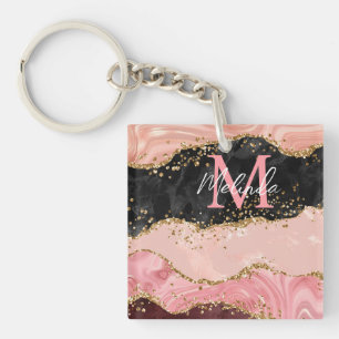 Black and Pink Sequins Agate Key Ring