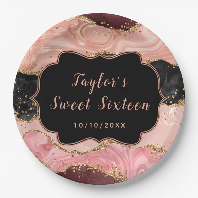 Black and Pink Sequins Agate Sweet Sixteen Paper Plate (Front)