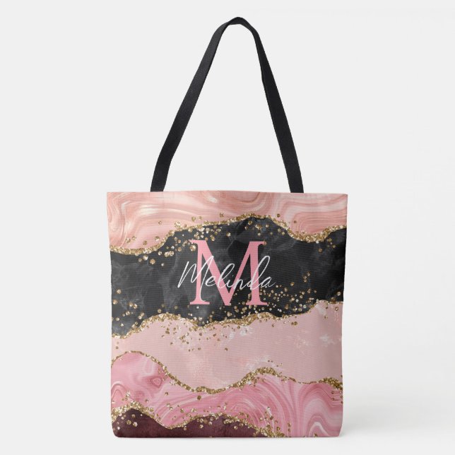 Black and Pink Sequins Agate Tote Bag (Front)
