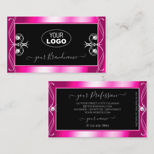 Black and Pink Sparkle Diamonds Ornaments Add Logo Business Card (Front/Back)