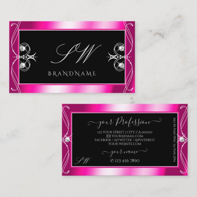 Black and Pink Sparkle Diamonds Ornaments Initials Business Card (Front/Back)