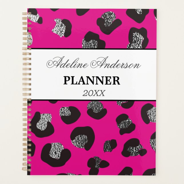 Black and Pink Sparkly Leopard Animal Skin Pattern Planner (Front)