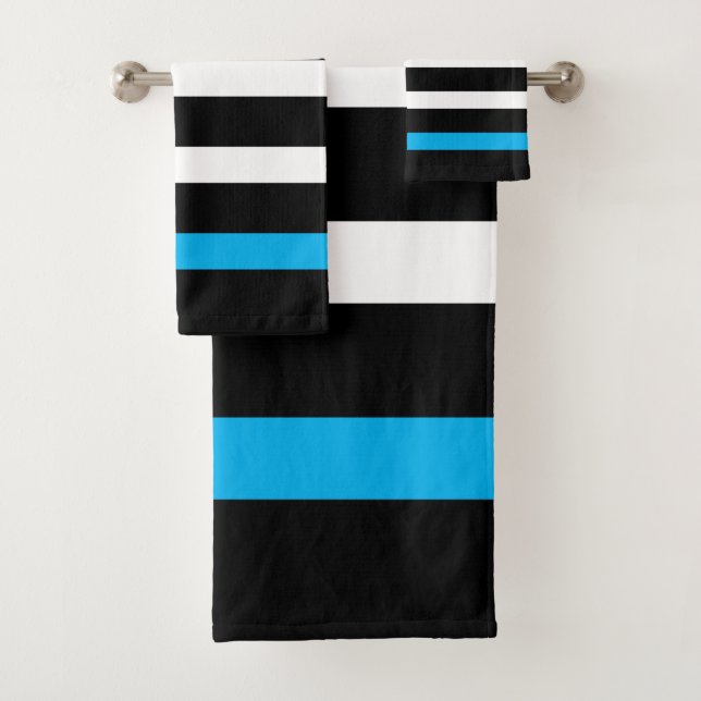 Black and pink stripes pattern blue accents bath towel set (Insitu)