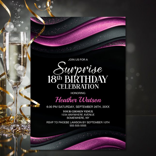 Black and Pink Surprise 18th Birthday Party Invitation (Creator Uploaded)