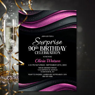 Black and Pink Surprise 90th Birthday Party Invitation