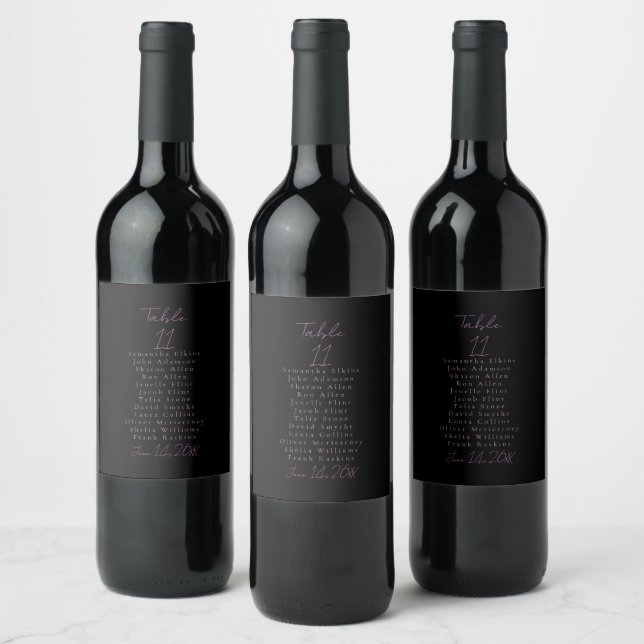 Black and Pink Table Number Wedding Wine Label (Bottles)