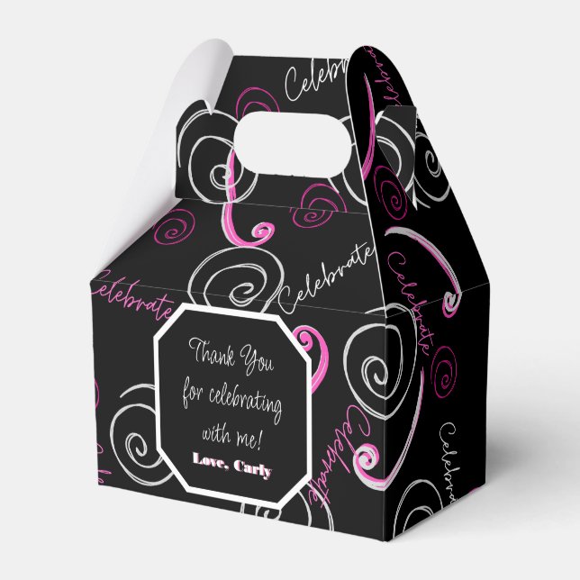 Black and Pink teen birthday party favour boxes (Front Side)