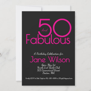 Black and Pink Text 50 and Fabulous Birthday   I Invitation