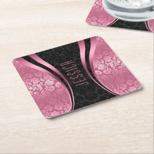 Black And Pink Tones Floral Damasks Square Paper Coaster
