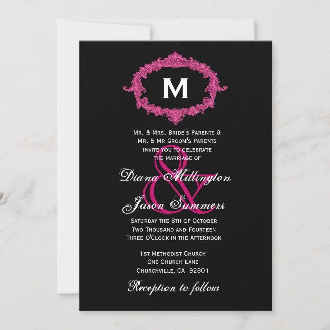 Black and Pink Vintage Frame Monogram Wedding Invitation (Front)