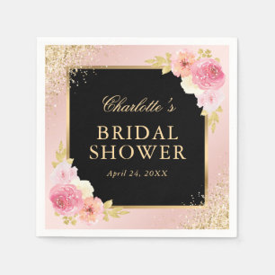 Black and Pink Watercolor Floral Bridal Shower Napkin