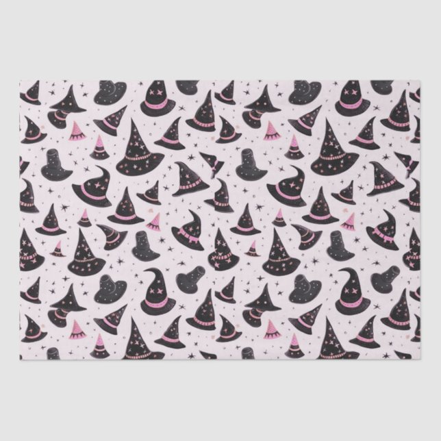 Black and Pink Witch's Hats Stars Pink Halloween Tissue Paper (Front)