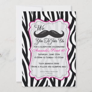Black and Pink Zebra Moustache Sleepover Party Invitation