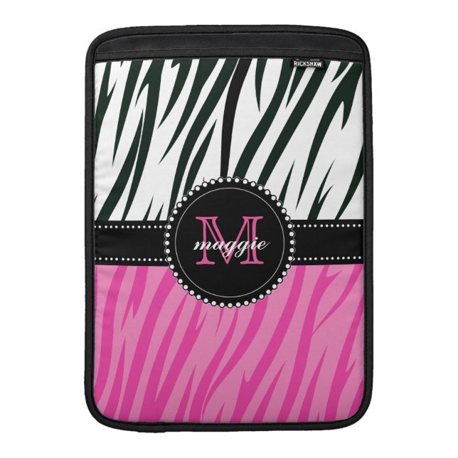 Black and Pink Zebra Print Custom Monogram girly MacBook Sleeve (Front)