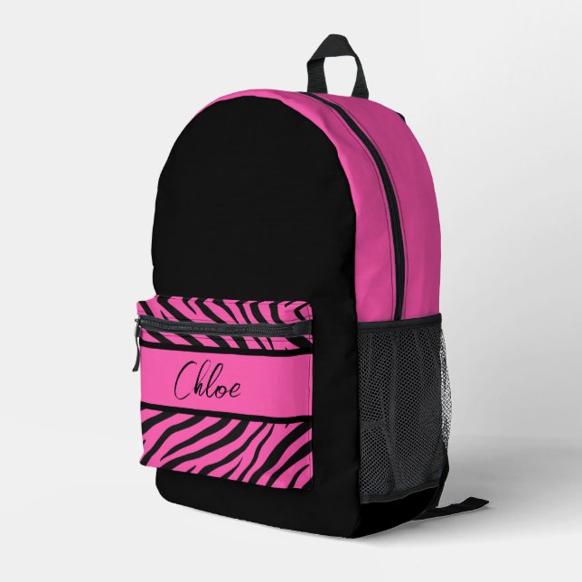 Black and pink zebra printed backpack (Back Corner Right)
