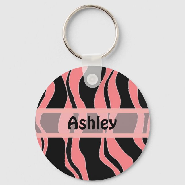 Black and Pink Zebra Stripe Personalised Keychain (Front)
