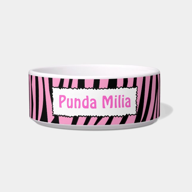 Black and Pink Zebra Stripes Personalised Pet Bowl (Front)