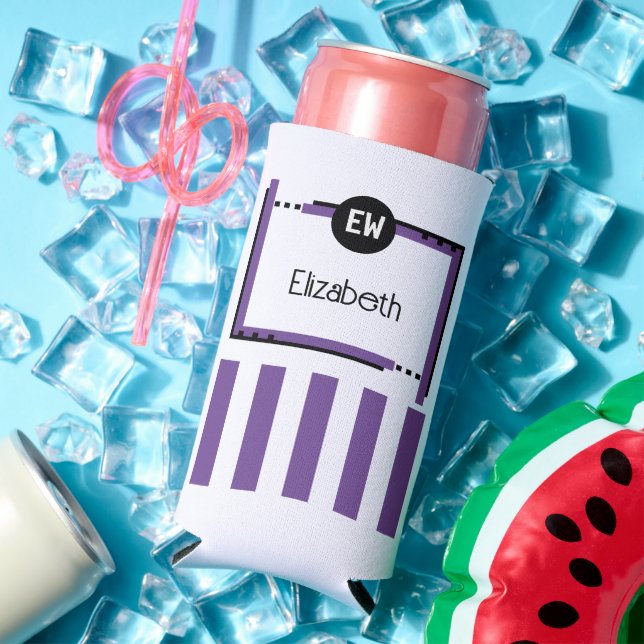 Black and purple add initials name stripes seltzer can cooler (In Situ Summer)