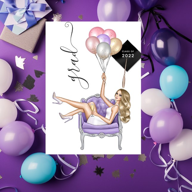 Black and Purple Blonde Balloon Girl Graduation Invitation (Creator Uploaded)