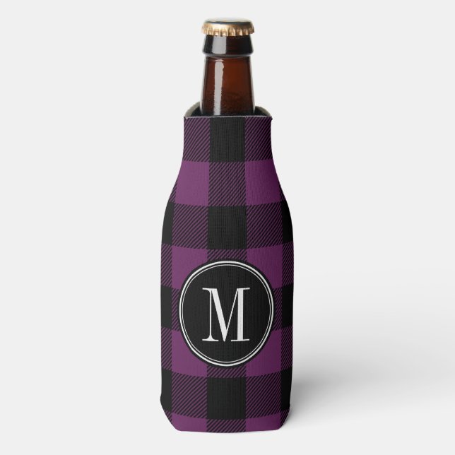Black and Purple Buffalo Check Monogram Bottle Cooler (Bottle Front)