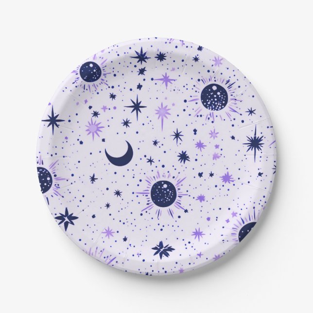Black and Purple Celestial Sun Moon Stars Paper Plate (Front)