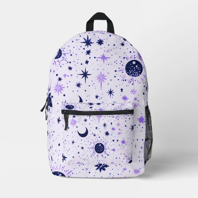 Black and Purple Celestial Sun Moon Stars Printed Backpack (Front)