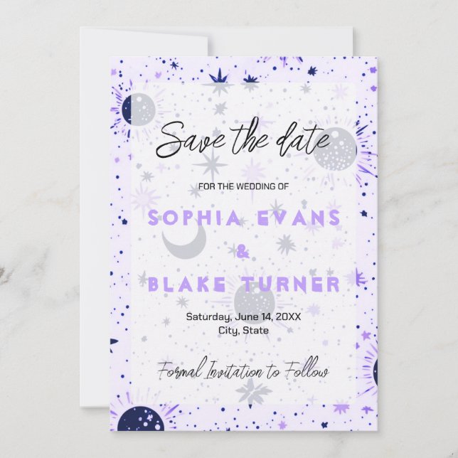 Black and Purple Celestial Wedding Save the Date  Invitation (Front)