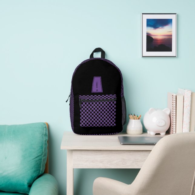 Black and purple chequerboard monogram printed backpack (Insitu)