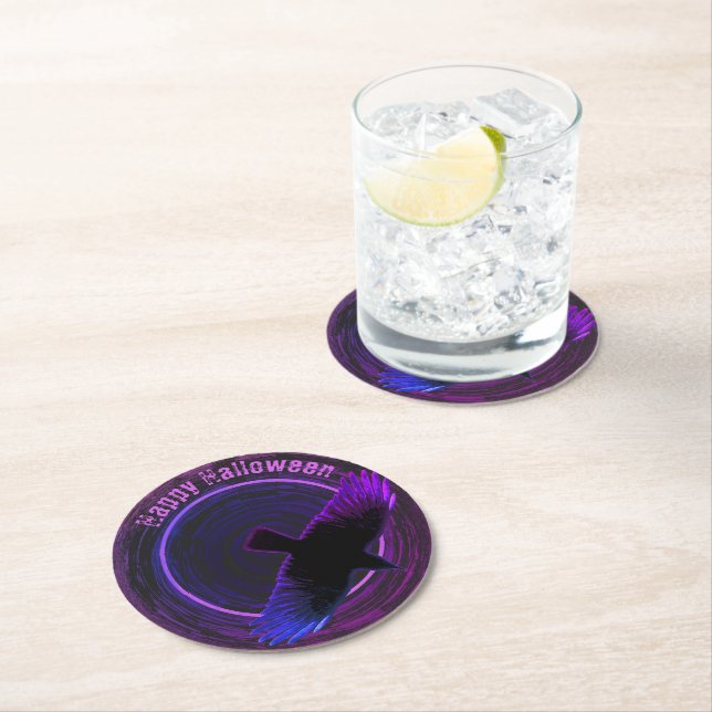 Black and Purple Crow Round Paper Coaster (Insitu)