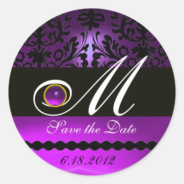 BLACK AND PURPLE DAMASK MONOGRAM, Amethyst Classic Round Sticker (Front)