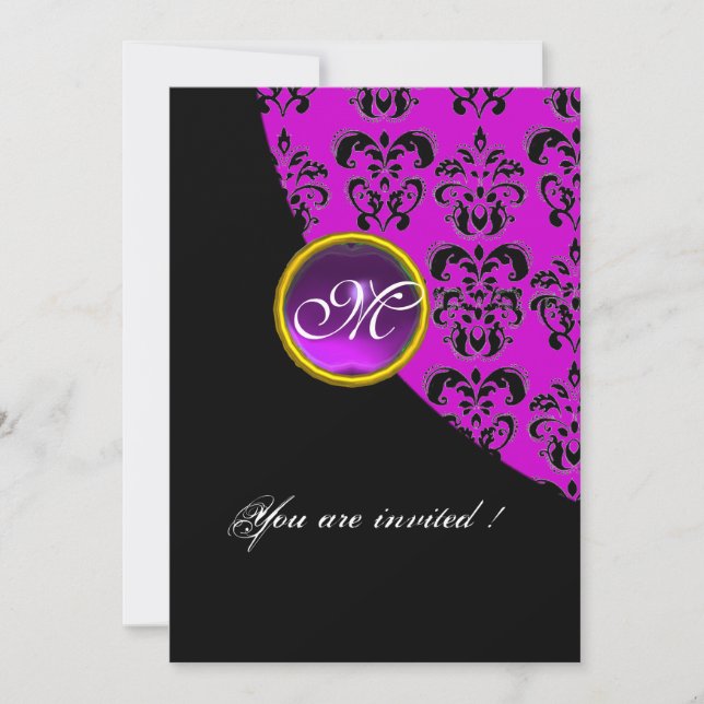 BLACK AND PURPLE DAMASK MONOGRAM,amethyst Invitation (Front)