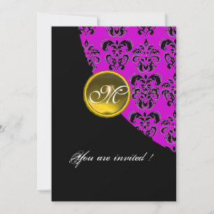 BLACK AND PURPLE DAMASK MONOGRAM,yellow topaz Invitation