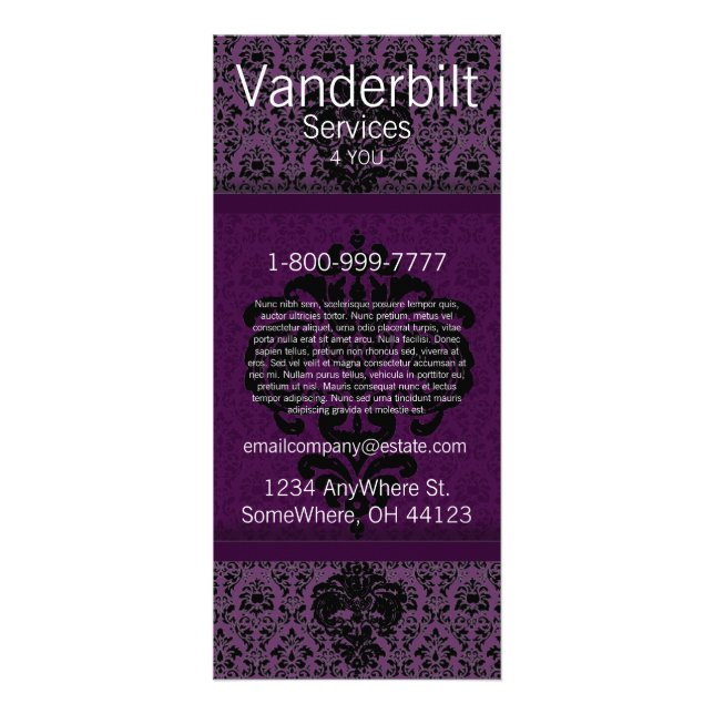 Black and Purple Damask  Rack Card (Front)