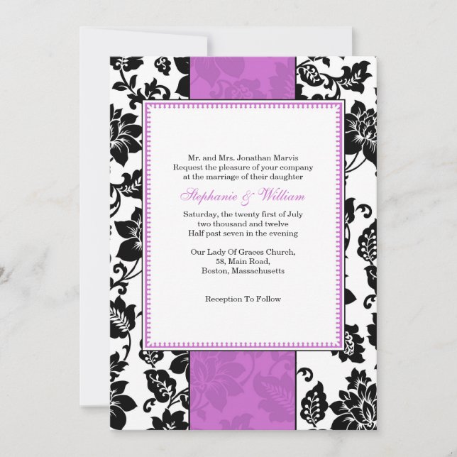 Black and Purple Damask Wedding Invitation (Front)