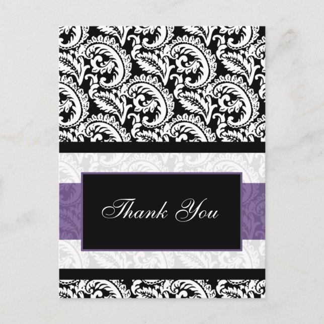 Black and Purple Damask Wedding Postcard (Front)