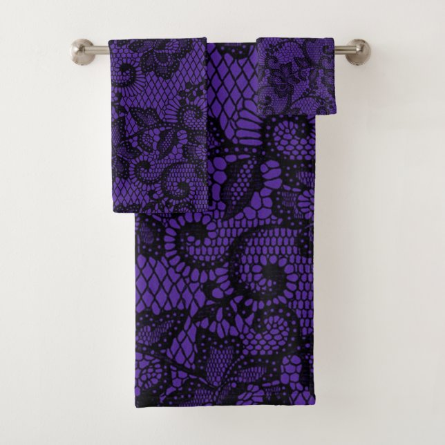 Black And Purple Faux Lace Bath Towel Set (Insitu)