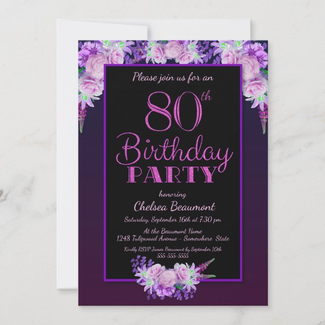 Black and Purple Floral 80th Birthday Party Invitation (Front)