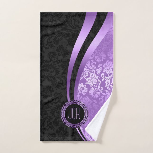 Black And Purple Floral Damasks Bath Towel Set (Hand Towel)