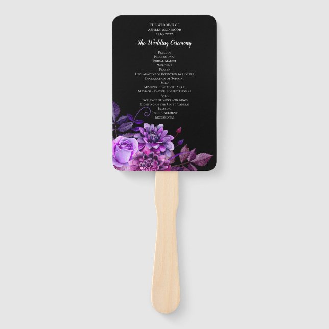 Black and purple flowers. Floral wedding program Hand Fan (Front)