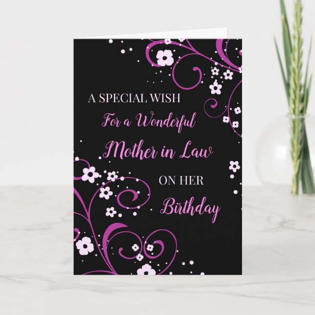 Black and Purple Flowers Mother in Law Birthday Card (Front)