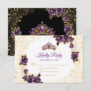 Black and Purple Golden Tiara Roses Quinceañera RSVP Card