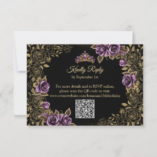 Black and Purple Golden Tiara Roses Quinceañera RSVP Card
